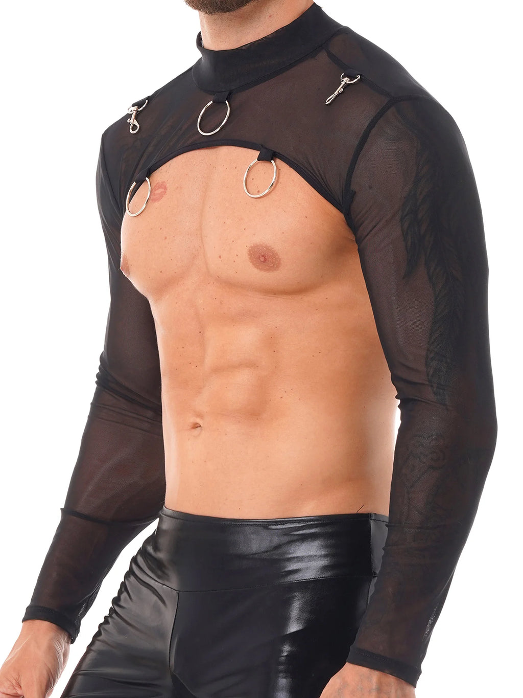 MSemis Male Mens Transparent Moto Sexy Tops Long Sleeve O-Ring Decor T-Shirt See-Through Mesh Half Crop Top Party Clubwear