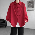 Men's Dial Buckle Solid Long Sleeve Shirt Chic Pleated Decor 2024 Spring New Loose Casual Traditional Chinese Style Clothing