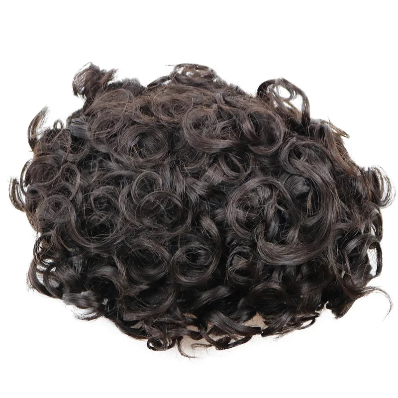 Durable Natural Hairline Human Hair Men's Toupee 26mm Curly Managable Skin Base #1 Jet Black Brown Hair Capillary Prosthesis