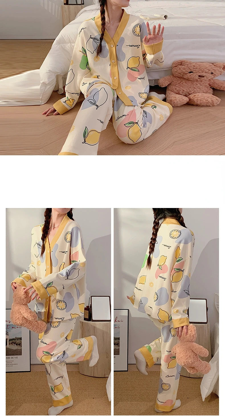 Y2k Women's 100% POLYESTER Pajamas with Cartoon Print Korean Fresh Ins Style Harajuku Lounges 2pcs 2024 New Spring/fall Homewear
