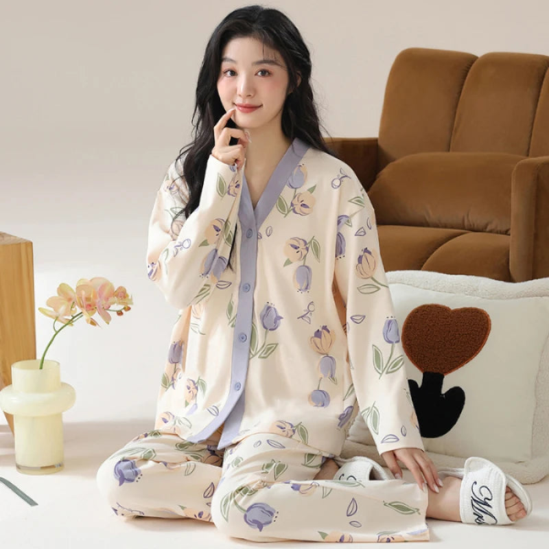 Y2k Women's 100% POLYESTER Pajamas with Cartoon Print Korean Fresh Ins Style Harajuku Lounges 2pcs 2024 New Spring/fall Homewear