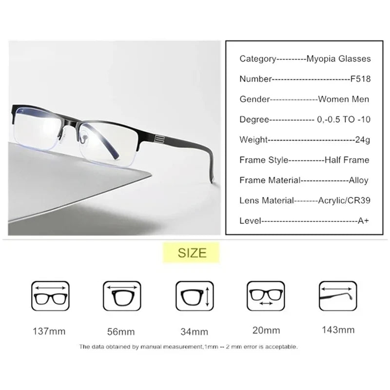 Myopia Prescription Glasses -0.5 TO -10 Men Women Business Half Frame Anti Blue Ray Photochromic Shortsighted Spectacles F518