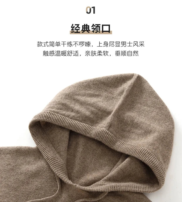 Men's Autumn Winter 100% Merino Wool Sweater Hooded Collar Knitted Pullover Cashmere Sweatshirt Casual Large Tops Long Sleeved