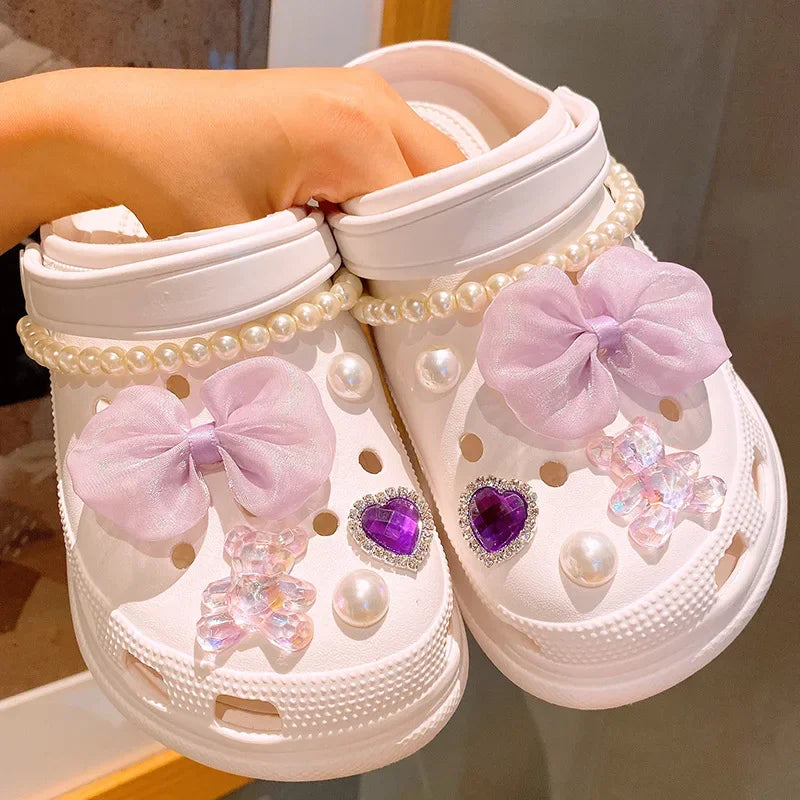 12/14PCS Advanced Bow Shoe Decorations Shoe Charms Set Pearl Butterfly Shoe Decoration DIY Detachable Buckle Shoes Accessories