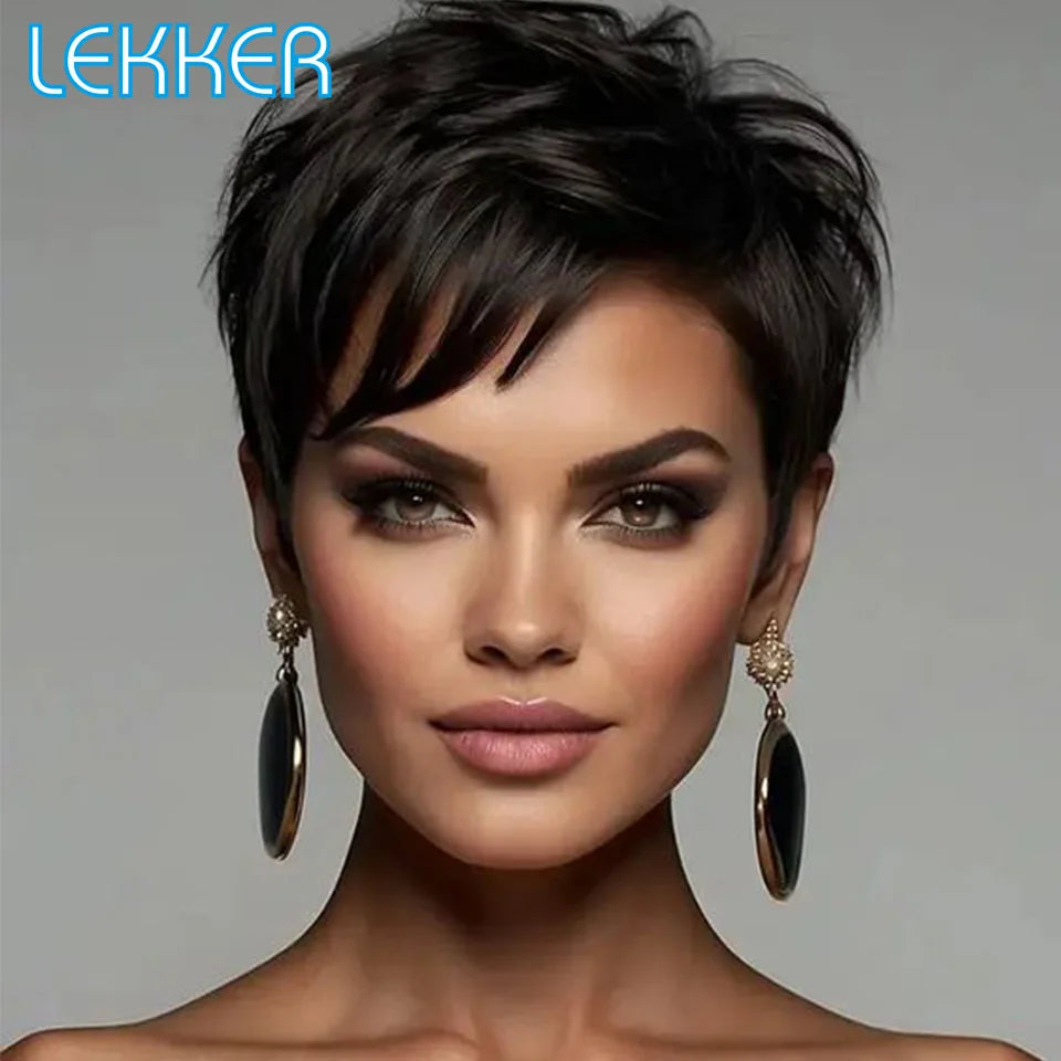 Lekker Short Pixie Cut Bob 100% Human Hair Wigs For Women Brazilian Remy Hair Natural black Full Machine Made Daily Straight Wig