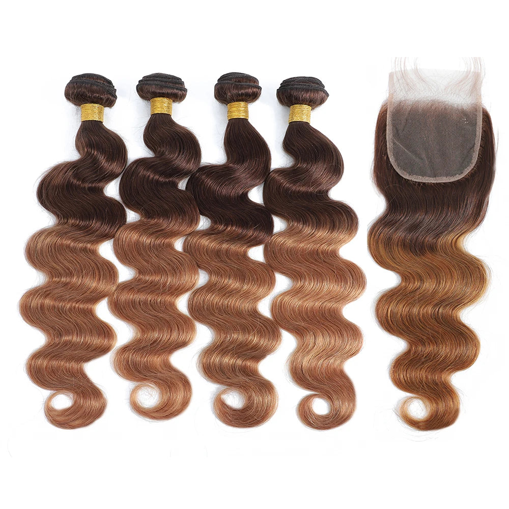 Ombre Color Body Wave Human Hair Bundles with closure Brazilian human hair 1b/4/27 Hair Weave Bundles human Hair Extension 4x4