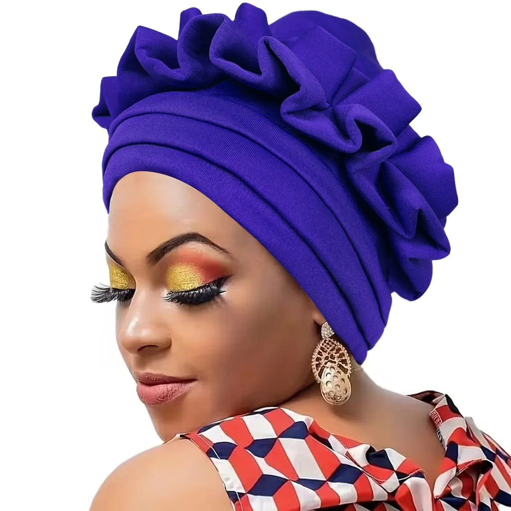 New Raw Silk Pleated Turban Cap for Women African Female Head Wraps Nigeria Lady Headwear Hat Wedding 3-layer Brim Headtie Gift