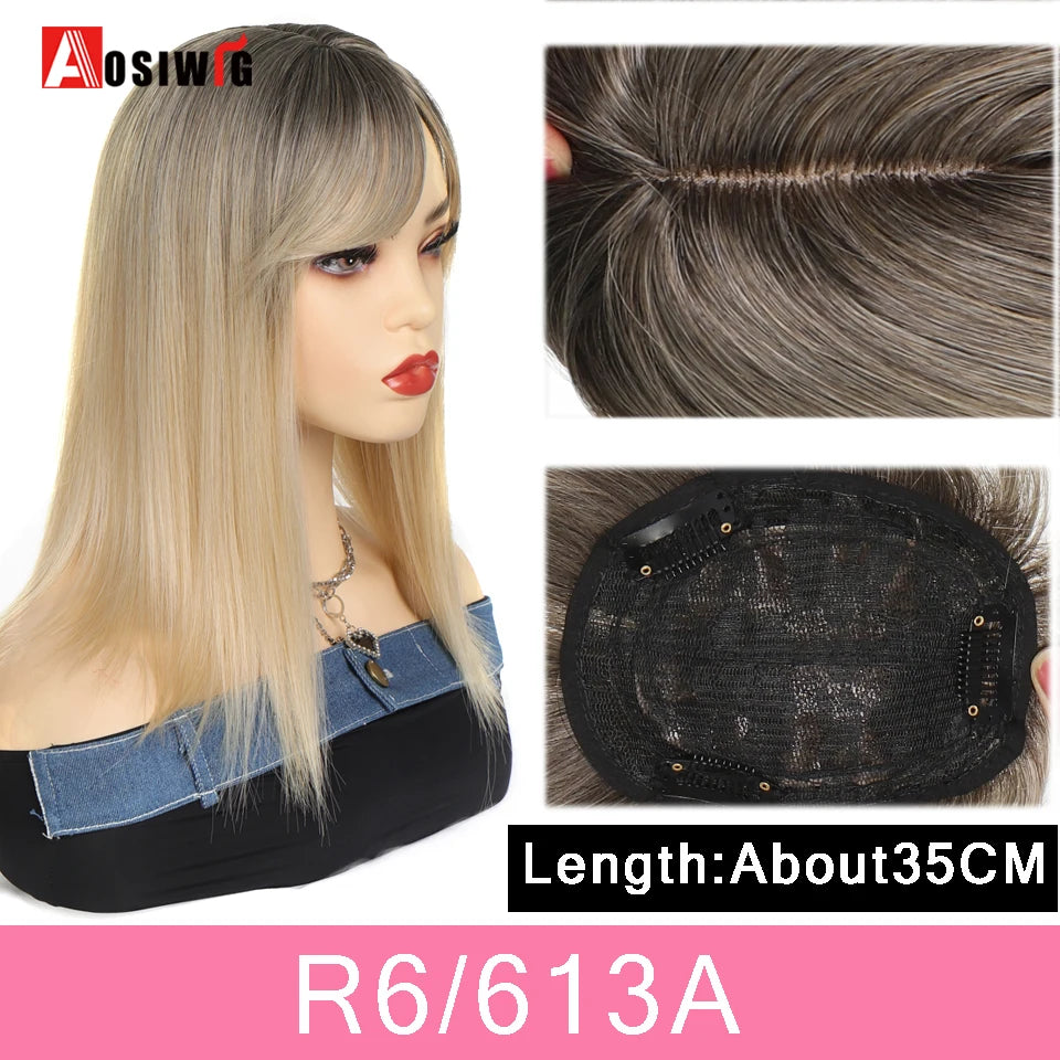 AOSIWIG Synthetic Long Straight Topper Closures Hairpiece Clip In Hair Extensions Cover White Hair Women Natural Fake Hairpiece