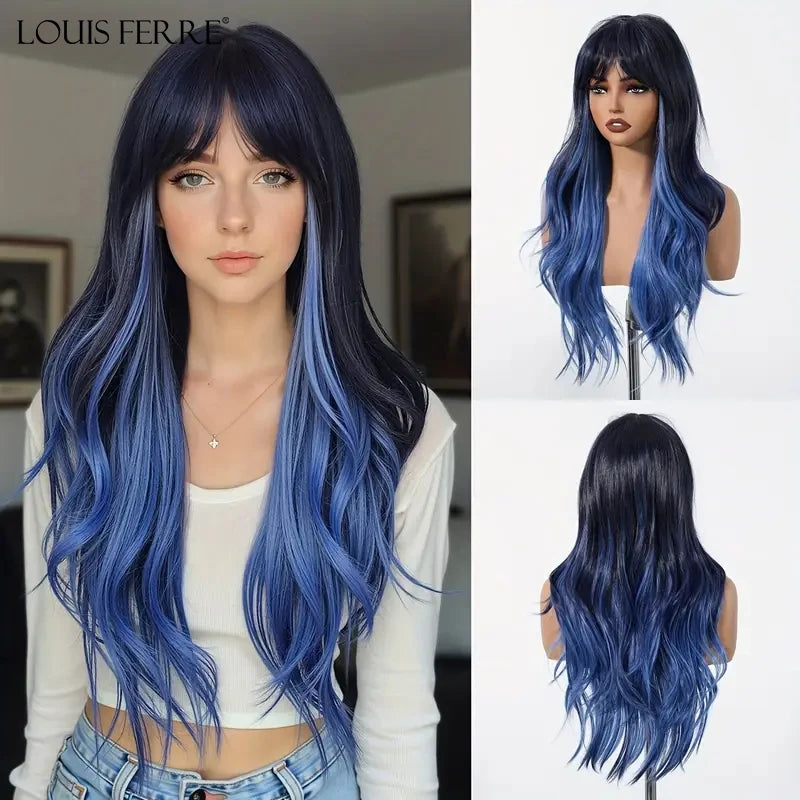 LOUIS FERRE Brown Blonde Highlights Wigs For Women Daily Long Wavy Curly Synthetic Wigs Natural Heat Resistant Hair With Bangs