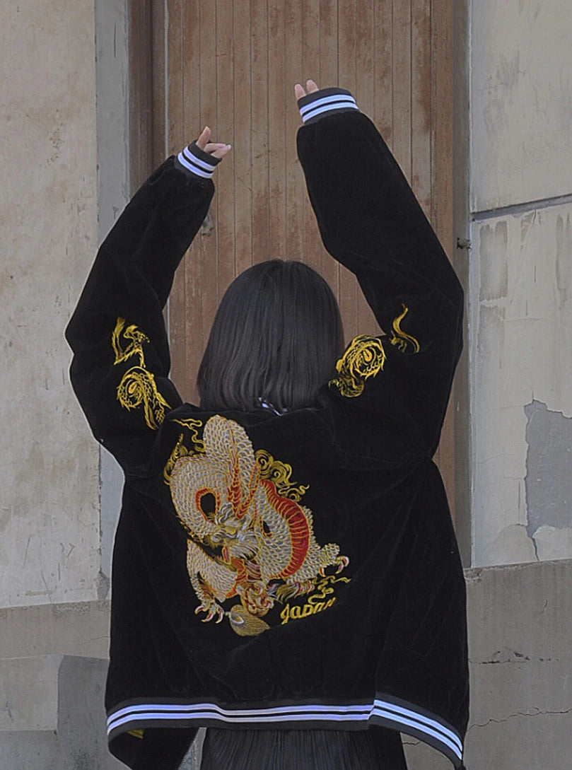 Unisex Spring Autumn Velveteen Baseball Jacket Men Women Luxury Sukajan Dragon Embroidery Bomber Coat Japanese 2026 Z1