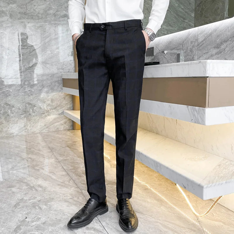 2025 New Burgundy Navy Plaid Casual Suit Pants for Men, Beige/Blue Vertical Stripe Non-Iron Slim Small Leg Work Trousers Men