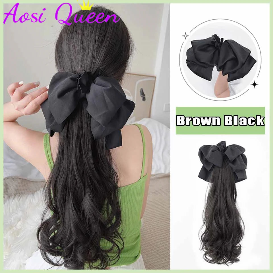 AOSI Synthetic Bow Wig Ponytail Female Clamping Style Long Straight Hair High Ponytail Long Hair Braided Straight Ponytail