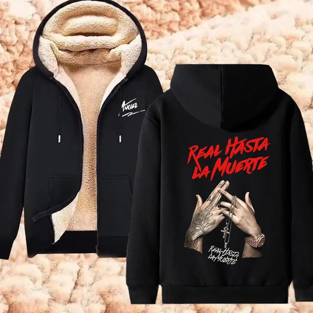 Anuel AA Printed Hoodies Real Hasta La Muerte Casual Zipper Jackets Thicken Lambswool Men Women Clothing Oversized Y2K Clothes