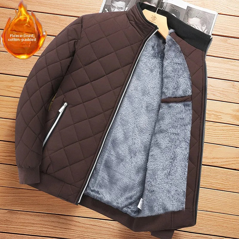Men's Winter Jacket Stand Collar Fleece Lined Cotton Casual Fashion Warm Loose Short Style Youth Popular Polyester Fabric