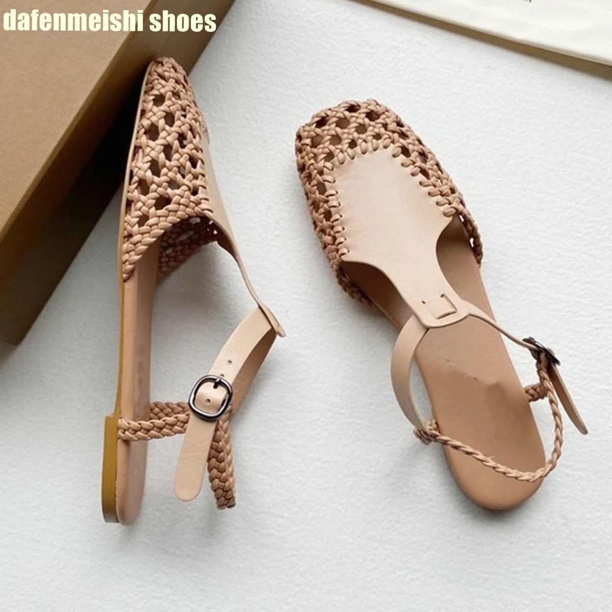 Flat Genuine Leather Woven Sandals Women's Hemp Rope Square Toe Summer Roman Shoes Singback Solid Color Fashion Shoes