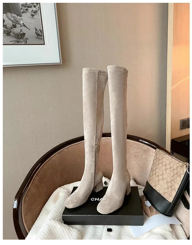 Elastic Long Faux Suede Boots Woman Over-the-knee Boots Casual Black Platform Shoes for Women Autumn Ladies Bottes 2024