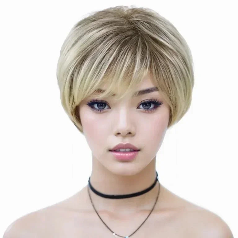 Old Lady Synthetic Hair Blonde Wig with Bangs Natural Short Wig for White Woman High Temperature Blond Ombre Mommy Wig for Daily