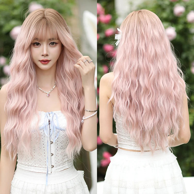 7JHH WIGS Body Wavy Wig Long Loose Curly Brown Wig for Women Daily Use High Density Synthetic Layered Hair Wigs with Bangs