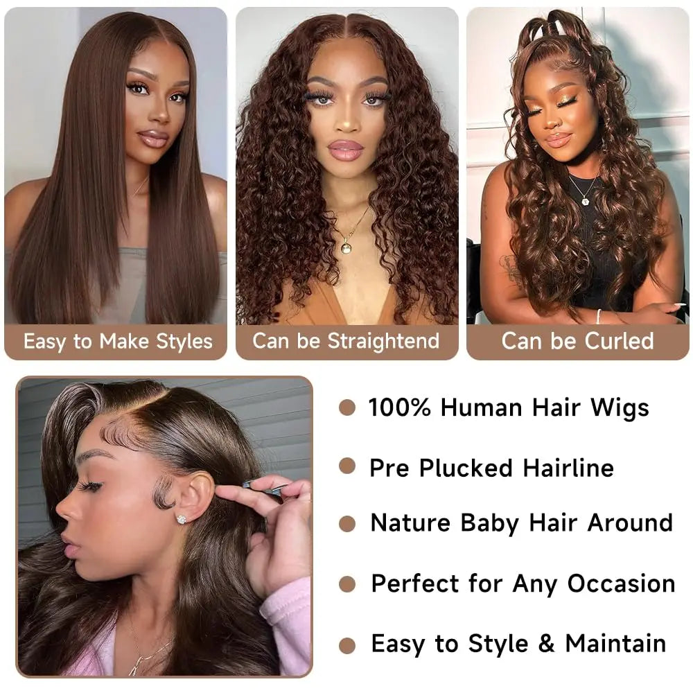 Chocolate Brown 13x6 Hd Lace Front Wig Transparent Body Wave Lace Frontal Wig Colored Pre PluckedBrazilian 100% Human Hair Wigs 