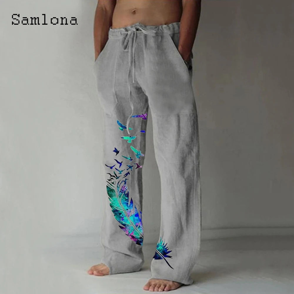 Samlona 2025 Men's Pocket Design Linen Pants Drawstring Loose Trouser Plus Size 3xl Mens Fashion Birds Feather Print Sweatpants