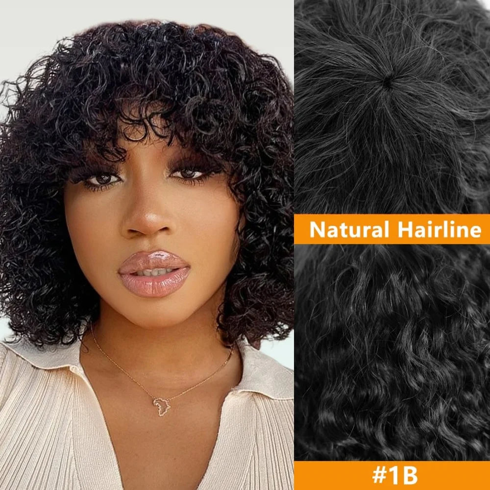 Curly Bob Wig With Bangs Short Bob Curly Wig for Women Natural Color Brazilian Human Hair Deep Wave Bob Wig With Bangs 16 Inch