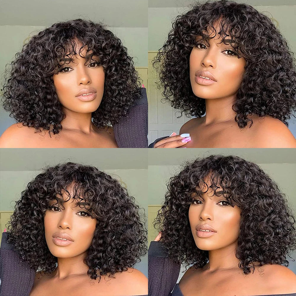 Curly Bob Wig With Bangs Short Bob Curly Wig for Women Natural Color Brazilian Human Hair Deep Wave Bob Wig With Bangs 16 Inch