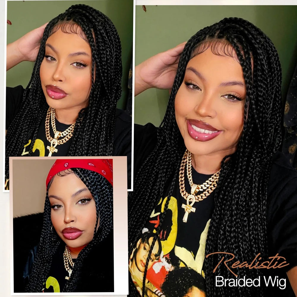 34Inch Knotless Box Braided Wigs for Black Women Synthetic Full Double Lace Front Braided Wig with Baby Hair Synthetic Braid Wig