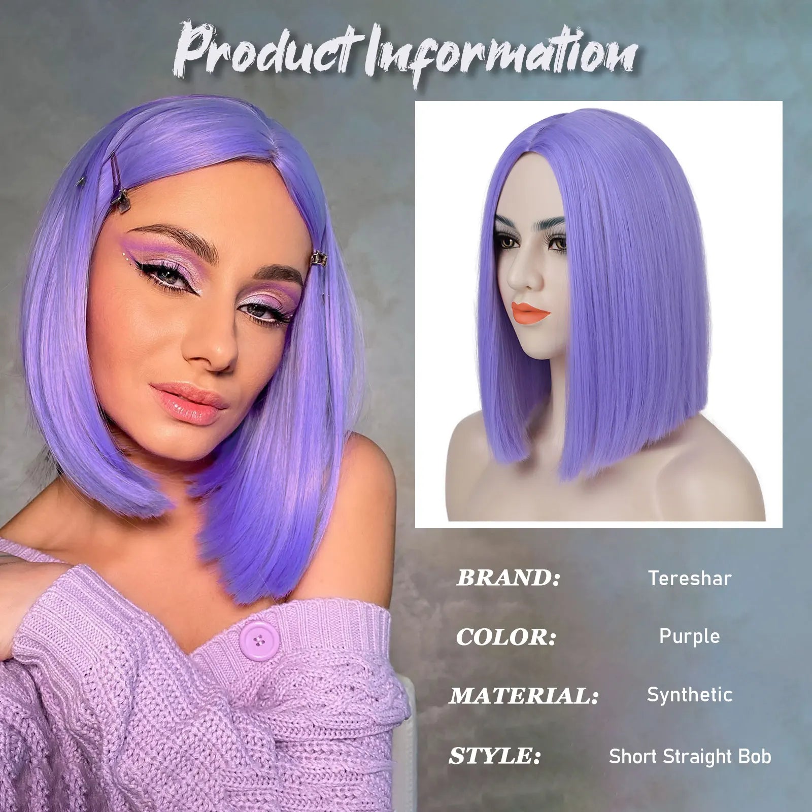 Purple Synthetic Short Bob Wig Straight Wig for Women Shoulder Length Wigs Colorful Wig for Daily Use Party Cosplay