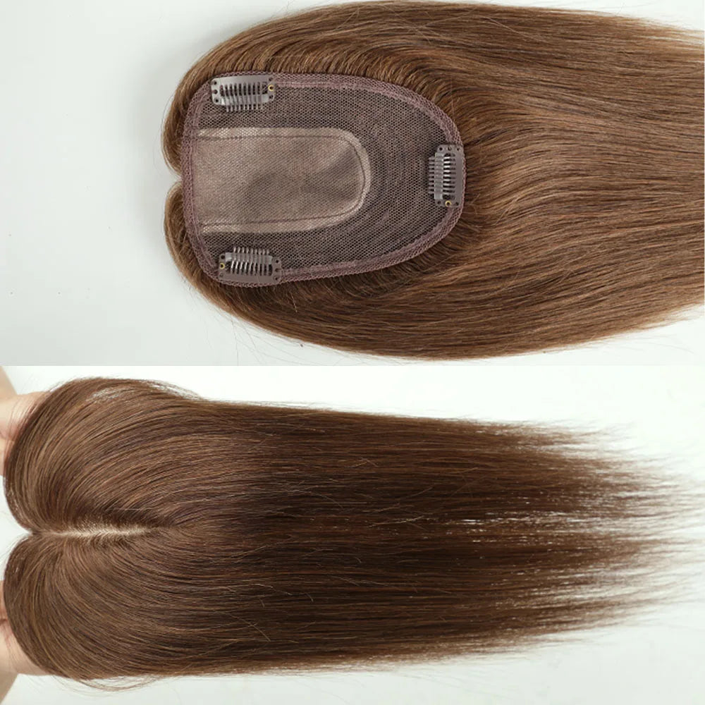 14 Inch Brown Silk Base Remy 100%Human Hair Toppers Clip-In Top Hairpiece for Women Natural Straight Hair Extensions