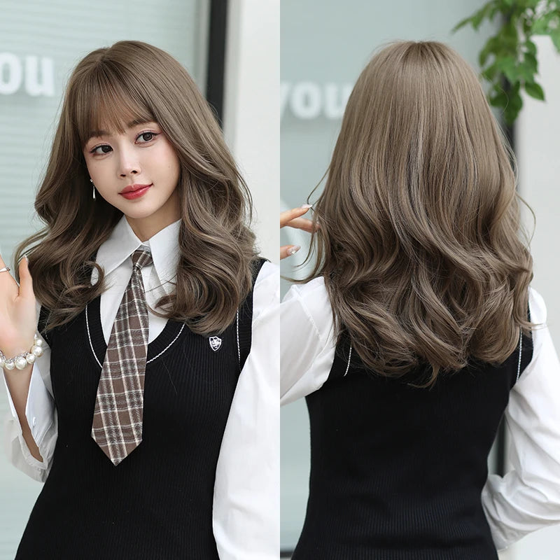 7JHH WIGS Body Wavy Wig Long Loose Curly Brown Wig for Women Daily Use High Density Synthetic Layered Hair Wigs with Bangs