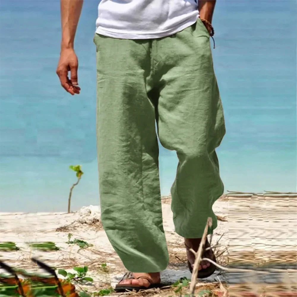 Men's Linen Cotton Pants Straight Leg Breathable Lightweight Beach Style Cozy Trousers Casual Spring Summer Pants