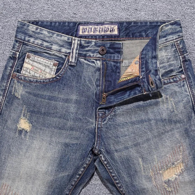 2023 Spring and Autumn New Classic Fashion Solid Color Ripped Small Foot Pants Men's Casual Comfort Elastic High Quality Jeans