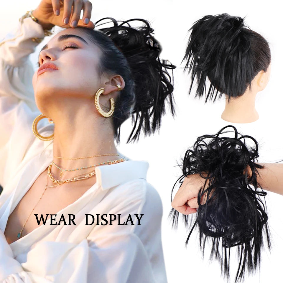 HUAYA Synthetic Chignon Donut Messy Hair Bun Hairpiece Elastic Hair Scrunchies Fake Hair Pieces For Women Black Brown Gold