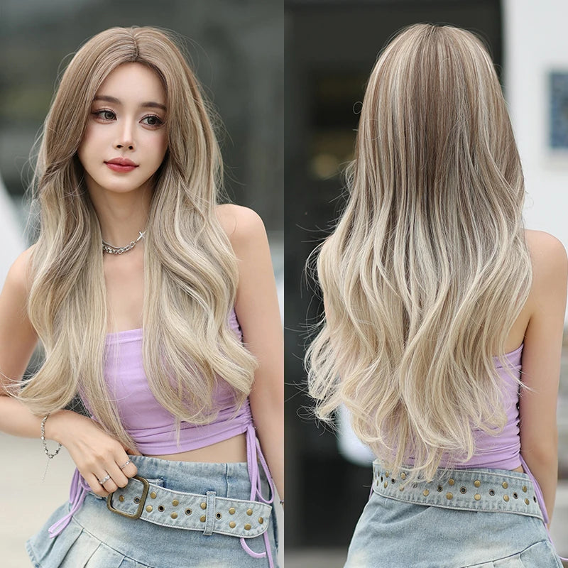 7JHH WIGS Body Wavy Wig Long Loose Curly Brown Wig for Women Daily Use High Density Synthetic Layered Hair Wigs with Bangs