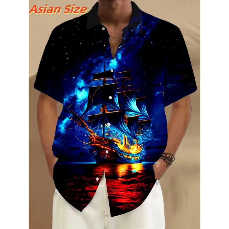 Dreamy Village Pattern Lapel Shirt For Men Flower Bird Boat 3D Printed Hawaiian Shirts Fashion Short Sleeve Tops Button Blouse
