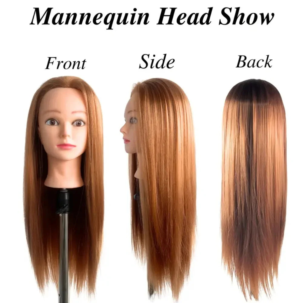 Synthetic Fiber Hairdresser Practice Styling Training Head, Human Model Doll Head, with Free Rubber Band and Hairdressing Tools