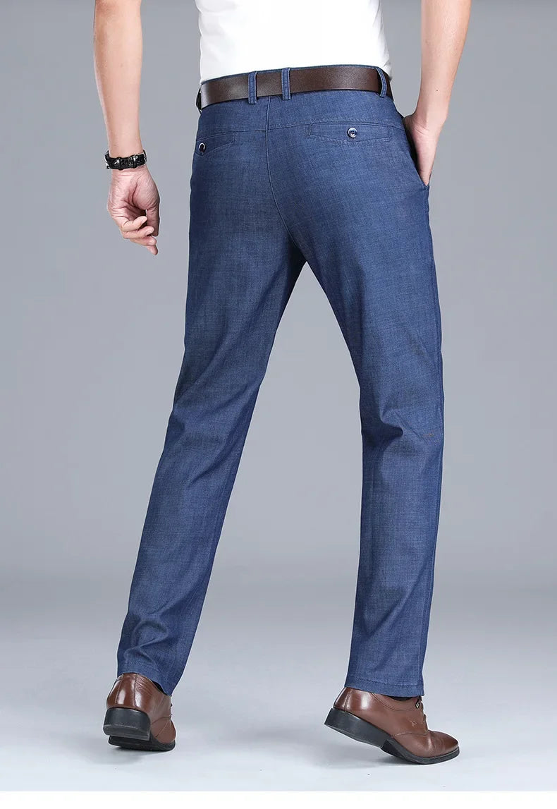 2024 New Men's Thin Lyocell Fabric Loose Jeans Light Blue Business Fashion Stretch Denim Trousers Male Clothing Brand Pants