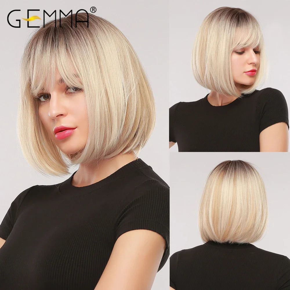 GEMMA Dark Brown Bob Synthetic Natural Hair Wig with Fluffy Bangs for Women Short Straight Wigs Heat Resistant Daily Cosplay Wig