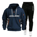 A two-piece outdoor fashion jogging and fitness set for men in autumn and winter, featuring a hooded sweatshirt and casual pants