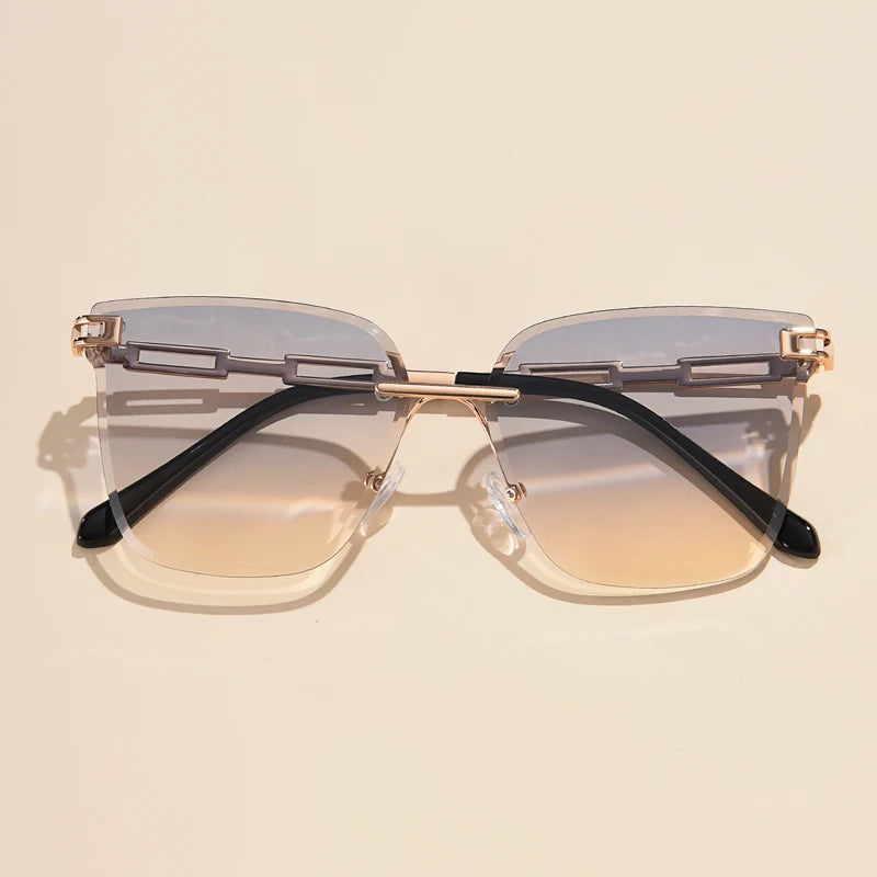 New Sunglasses Women Rimless Cat Eye Eyewear Gradient Brown Cutting Lens Sun Glasses For Female Alloy Eyeglasses Brand Designer