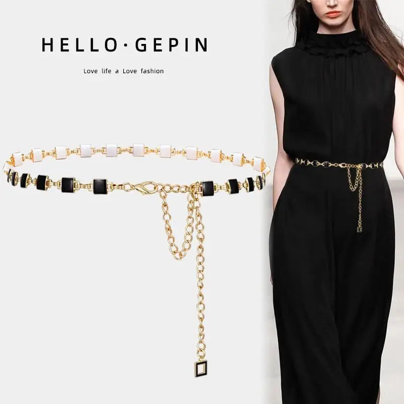 Fashion Tassel Thin Chain Belts for Women Retro Metal Skinny Waistbands Dress Coat Decorative Straps Female Accessory