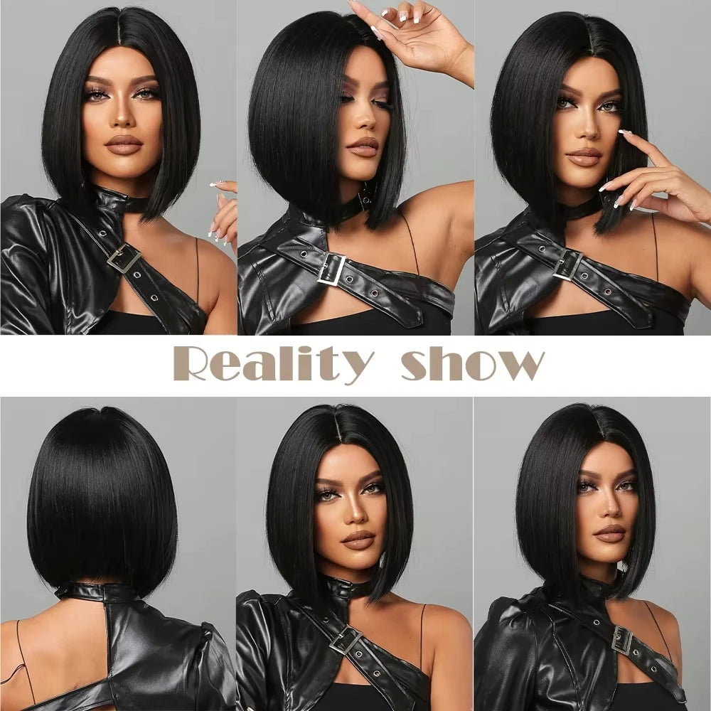 Black Bob synthetic wig women naturally split short straight hair holiday party daily wear high temperature silk wig