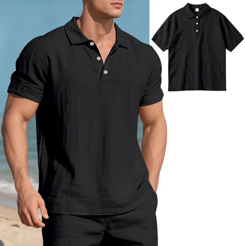 2025Summer New Men's Shirt British Style Loose Trendy Breathable Linen Casual Polo Collar Series POLO Shirt Short Sleeve