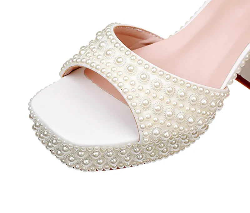 Luxury Handmade Full Pearls Thick Heeled Women Gladiator Sandals Fashion Summer Platform Wedges High heels Chunky Sandals Shoes