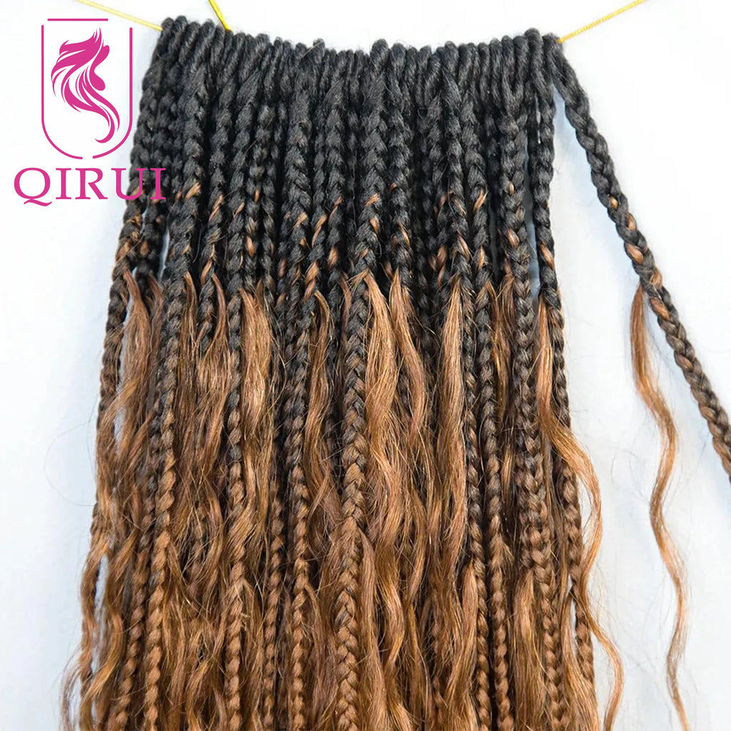 Ombre Brown #1B/30 Boho Crochet Box Braids with Human Hair Curls Deep Wave Pre Looped Box Braids Full Ends Hair Extensions