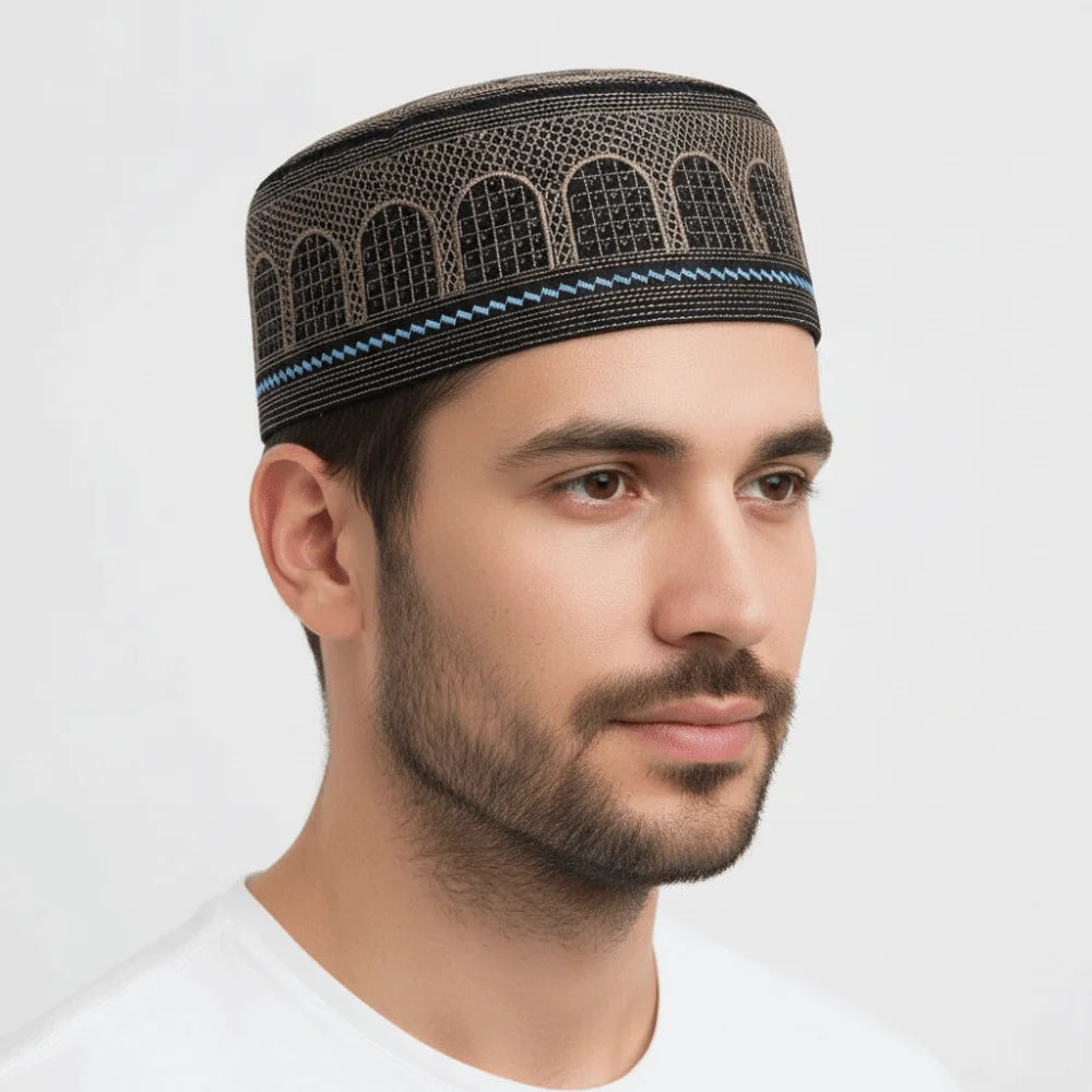 New Traditional Muslim Hat Embroidery Design Round Shape Prayer Hat Saudi Arabian Style Cotton Islamic Cap Prayer Use