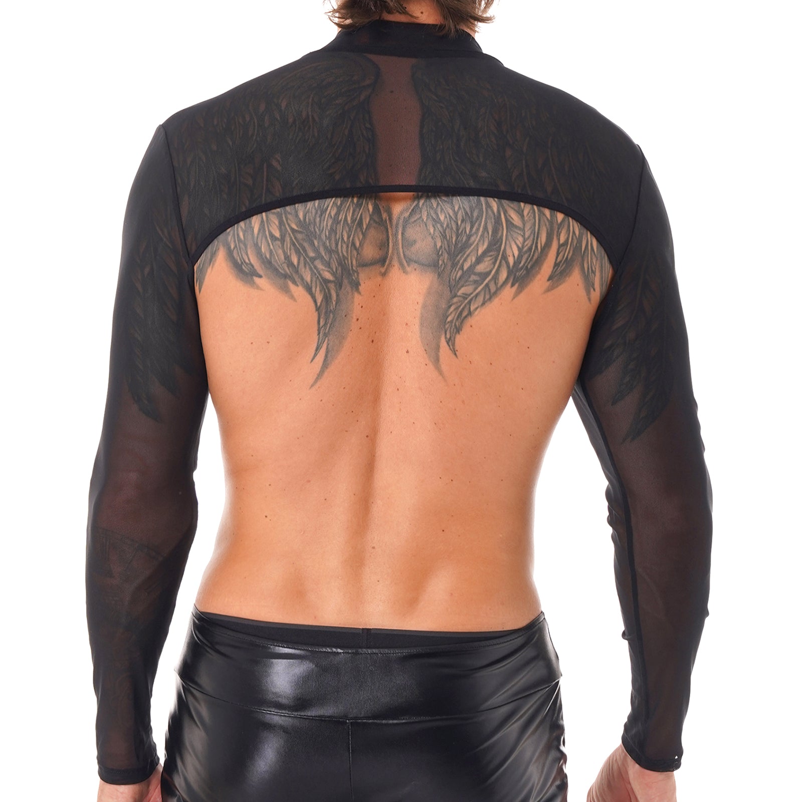 MSemis Male Mens Transparent Moto Sexy Tops Long Sleeve O-Ring Decor T-Shirt See-Through Mesh Half Crop Top Party Clubwear