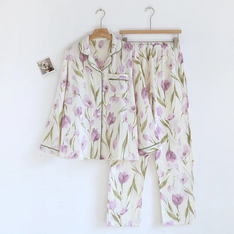 2026 Japanese New Spring and Autumn Women's Pajama Set 100% Cotton Gauze Long Sleeve Casual Home Clothes Two Piece Set