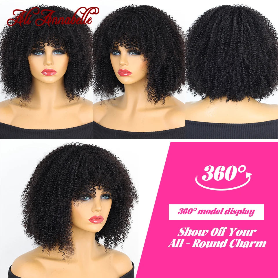ALI ANNABELLE HAIR Curly Wigs With Bangs For Black Women Machine Made Wigs Kinky Curly 180% Brazilian Natural Color No Lace Wigs