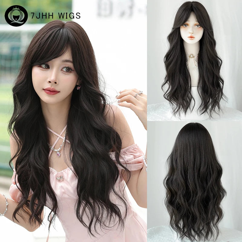 7JHH WIGS Loose Body Wavy Brown Hair Wigs with Neat Bangs High Density Synthetic Fashion Wave Wig for Women Natural Looking